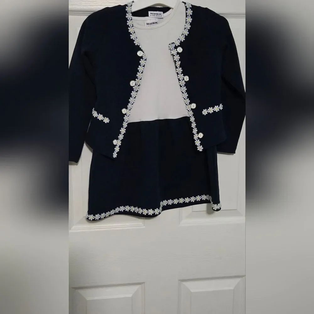 Blueberi Boulevard 6 Girls 2pc White Blue Matching Dress& Cardigan